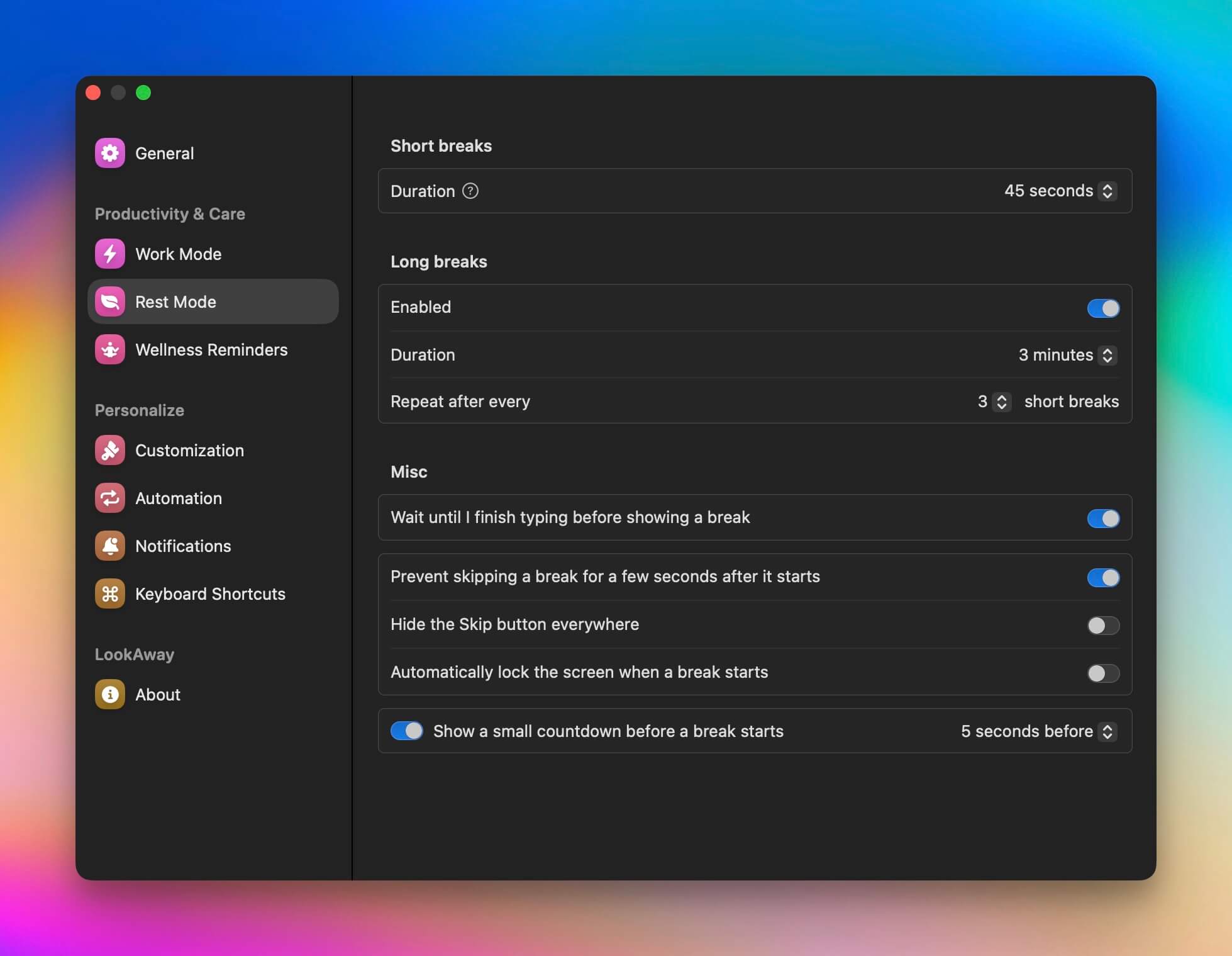 Rest Mode settings in LookAway