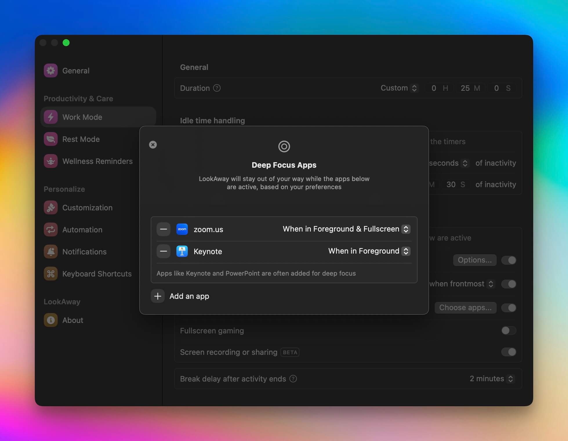 Deep Focus Apps options in LookAway Settings