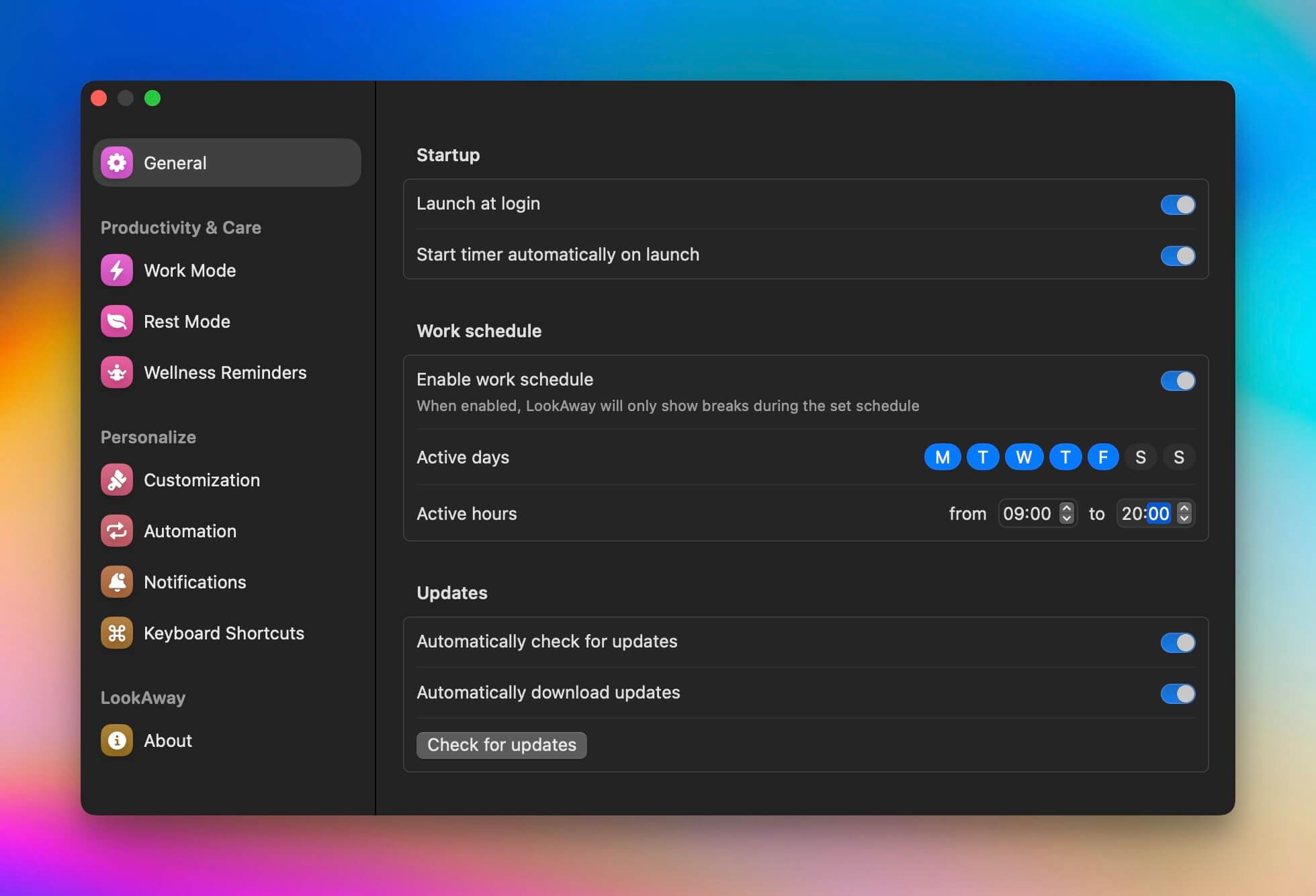 Work Schedule Settings in LookAway