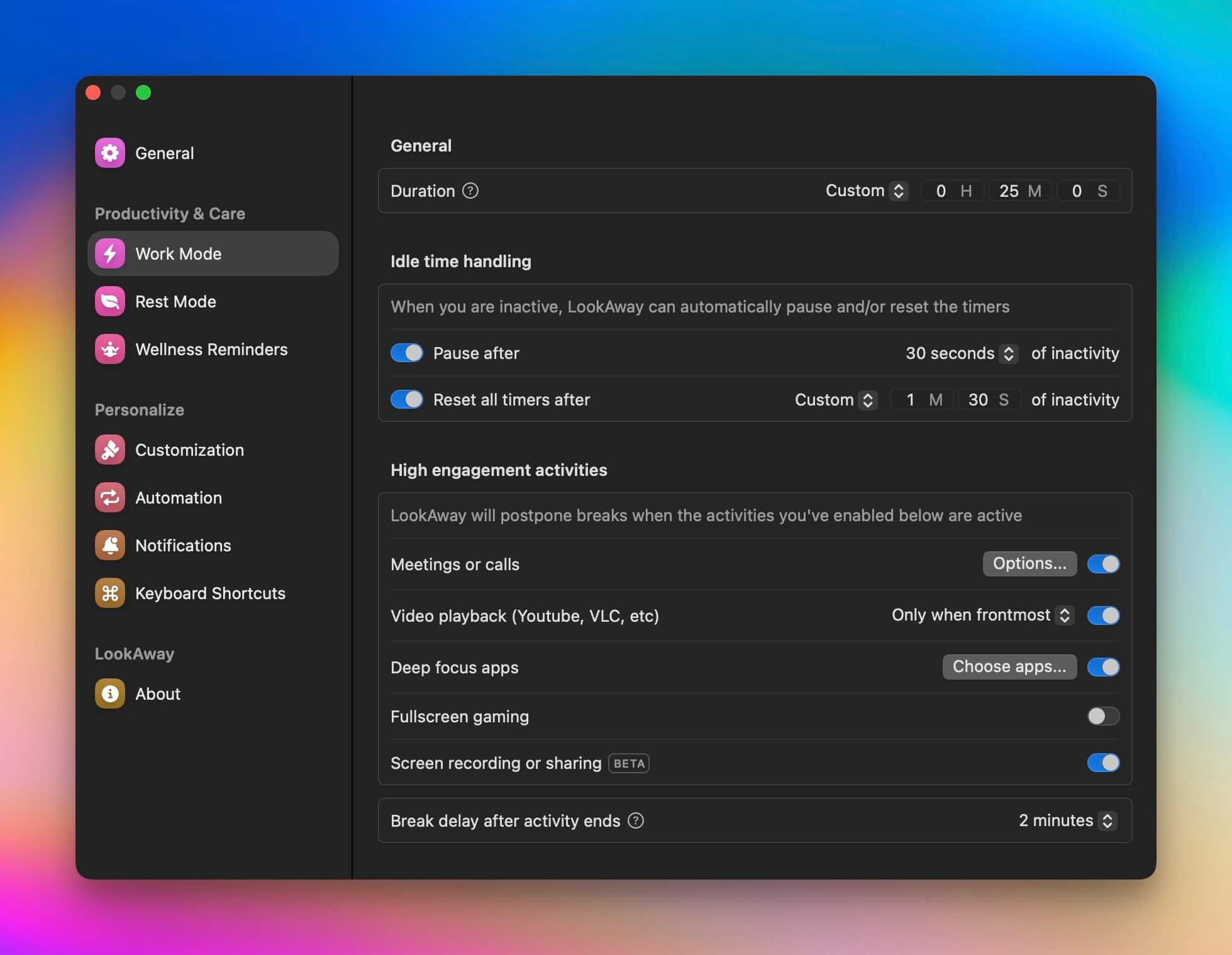 Work mode settings in LookAway Settings